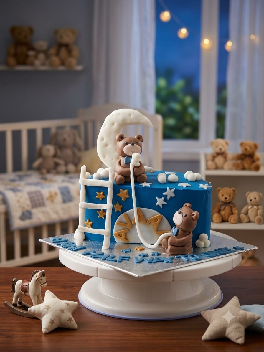 Baby half birthday themed cake with teddy bears by Prexa at Cosy Cafe Harleston