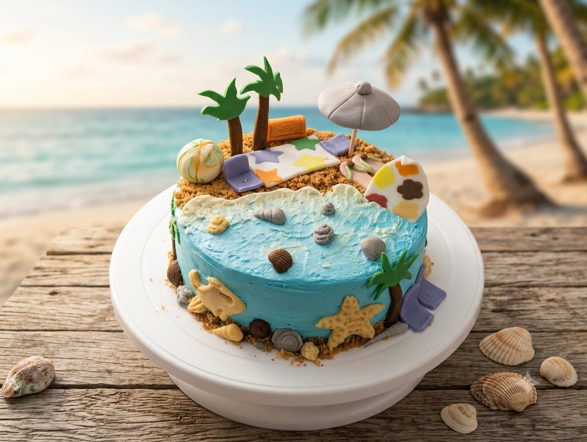 Beach and tropical themed cake by Prexa at Cosy Cafe Harleston