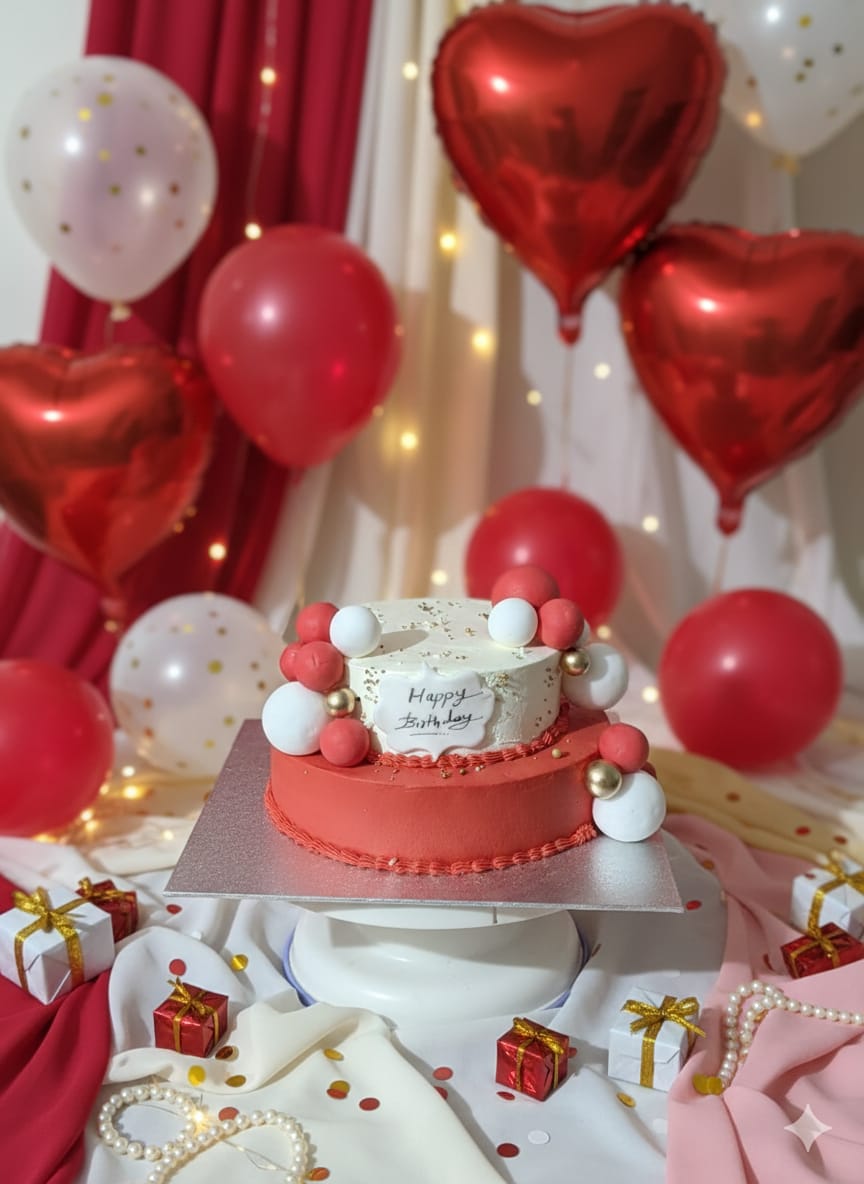 Red and white heart balloon birthday cake by Prexa at Cosy Cafe Harleston