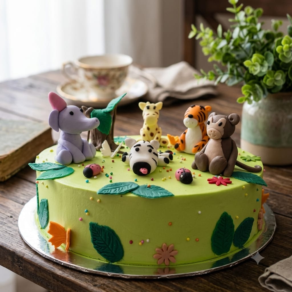 Jungle animals themed birthday cake by Prexa at Cosy Cafe Harleston