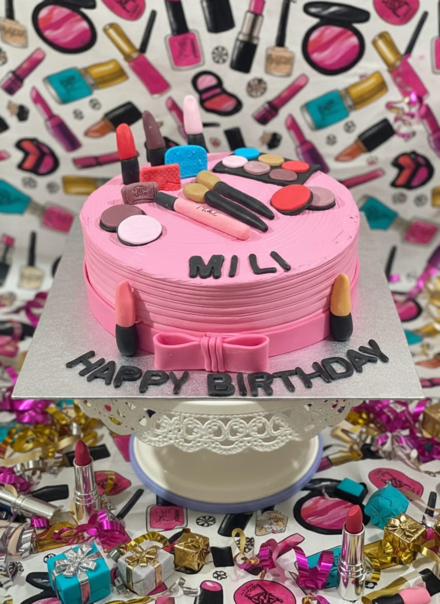 Makeup and cosmetics themed birthday cake by Prexa at Cosy Cafe Harleston