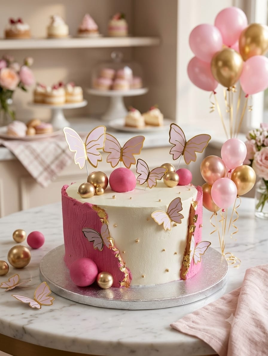 Pink and gold butterfly themed cake by Prexa at Cosy Cafe Harleston