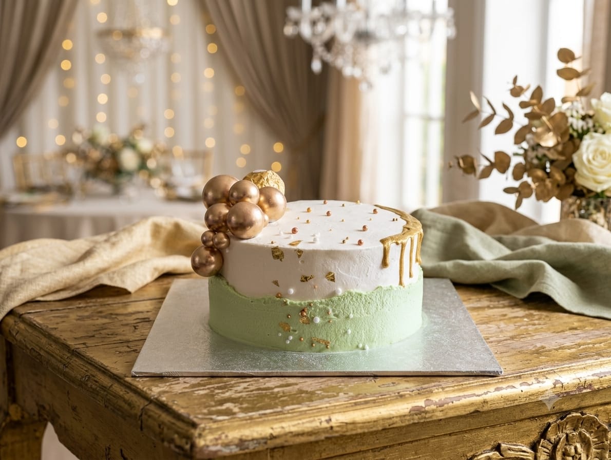 Sage green and gold drip celebration cake by Prexa at Cosy Cafe Harleston