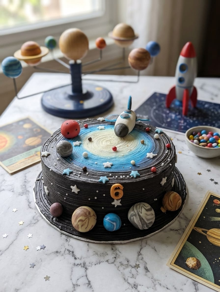 Space and galaxy themed birthday cake by Prexa at Cosy Cafe Harleston